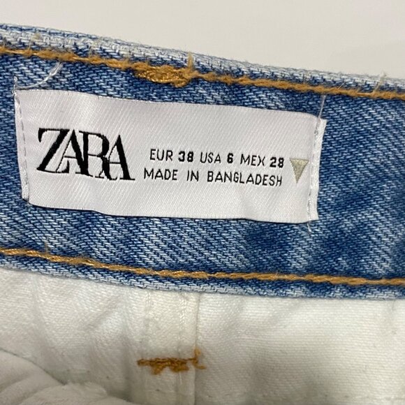 Zara Womens High-Waisted Two-Tone Denim Shorts Button Fly Frayed Hem USA Size 6 - Picture 6 of 7